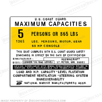 Boat Capacity Plate Decal - Alumacraft Lunker V16 5 Person