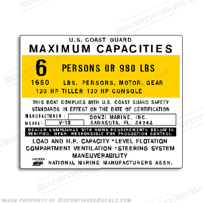 Boat Capacity Plate Decal - Donzi V-18 6 Person