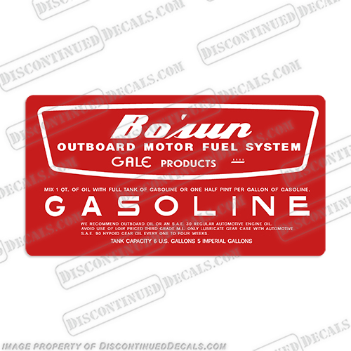  Bosun 6 Gallon Fuel Tank Decal Gas  fuel, tank, decal, bosun, gale, outboard, motor, gasoline, label, sticker, bo'sun