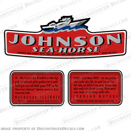 1940 Johnson 1.5hp Sea Horse Decal Kit - MD10, MD15  johnson, seahorse, sea, horse, 1.5, 1.5hp, 1.5 hp, hp, decals, decal, kit, stickers, vintage, m10, m15, md10, md15, 1940, 