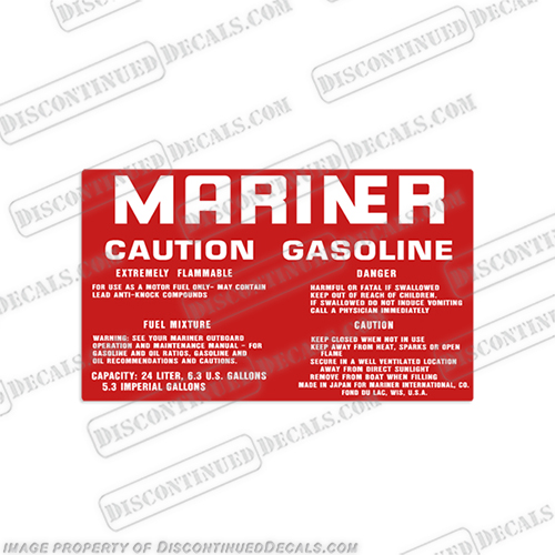 Mariner 6.3 gallon 24 liter fuel tank decal 1977-1992 outboard, engine, gas, fuel, tank, 24, liter, litre, 5.3, imperial, decal, sticker, replacement, new, 6 1/4, 6.3, 6, gal, 6.3gal, 6.3gallon, 6 gallon, mariner, mercury, decals, INCR10Aug2021