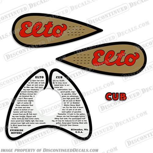 Evinrude 1936-1941 .9hp Elto CUB Decal Kit v1 .9, 1936, 1937, 1938, 1939, 1940, 1941, 36, 37, 38, 39, 40, 41, INCR10Aug2021